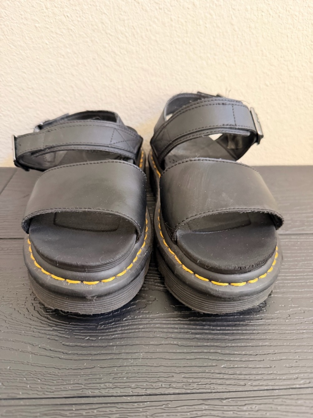 Dr. Martens Black Leather Platform Sandals with Yellow Stitching
